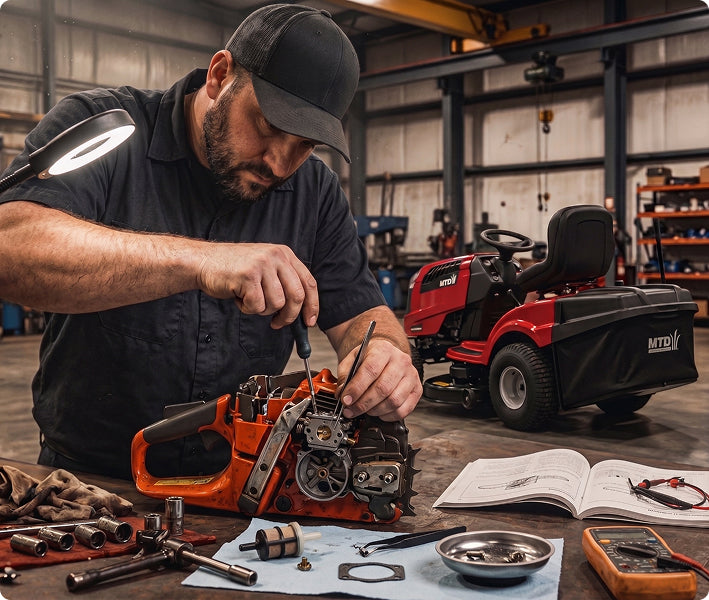 Technician repairing a chainsaw on a workbench