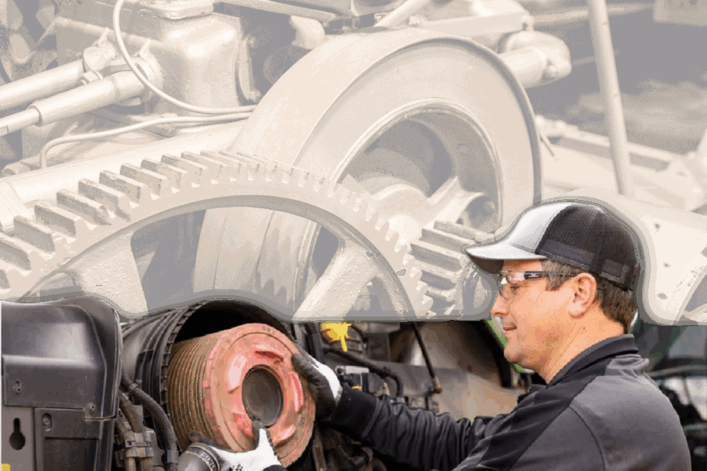 a technician working on repairing a farm machine